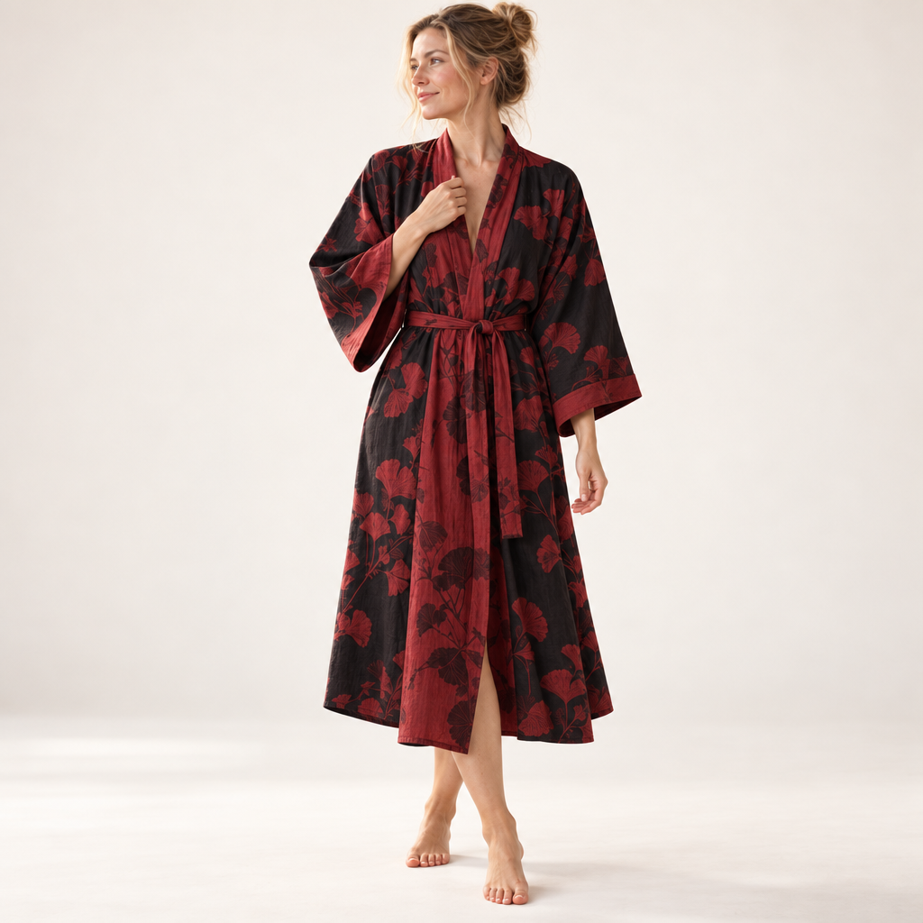 Cotton Kimono Bathrobe with Reversible Leaf Pattern