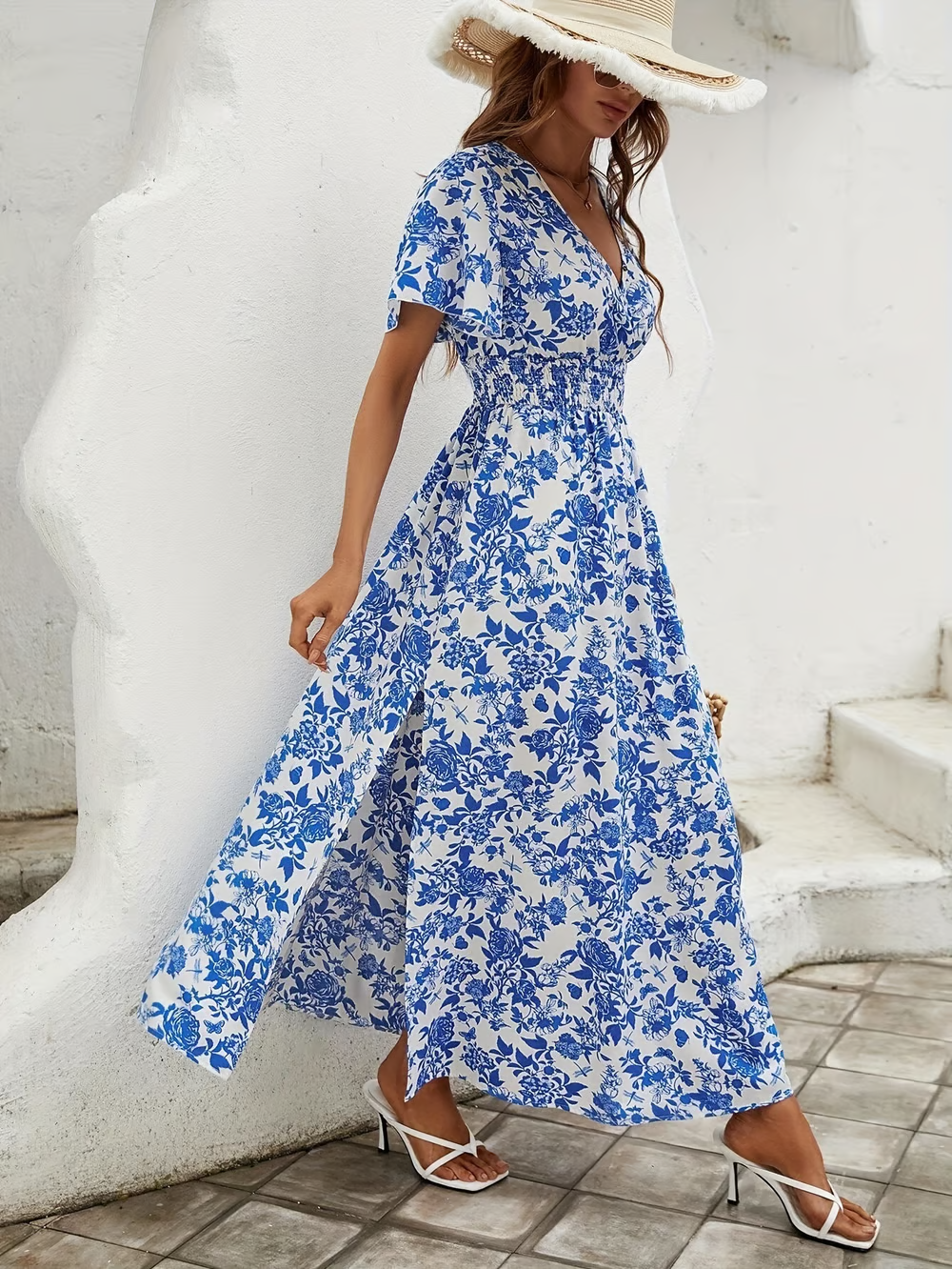 Women's Boho Short-Sleeve V-Neck Maxi Dress – Boho