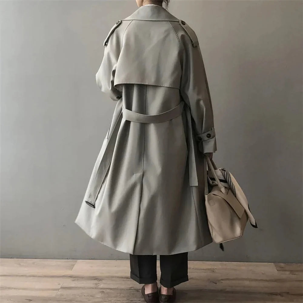 Women's Long Trench Coat with Lapel Collar
