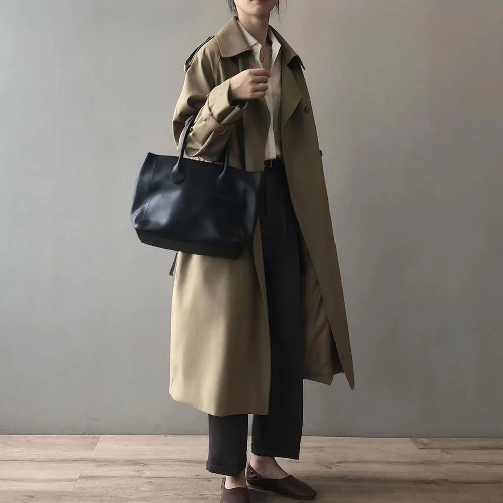 Women's Long Trench Coat with Lapel Collar