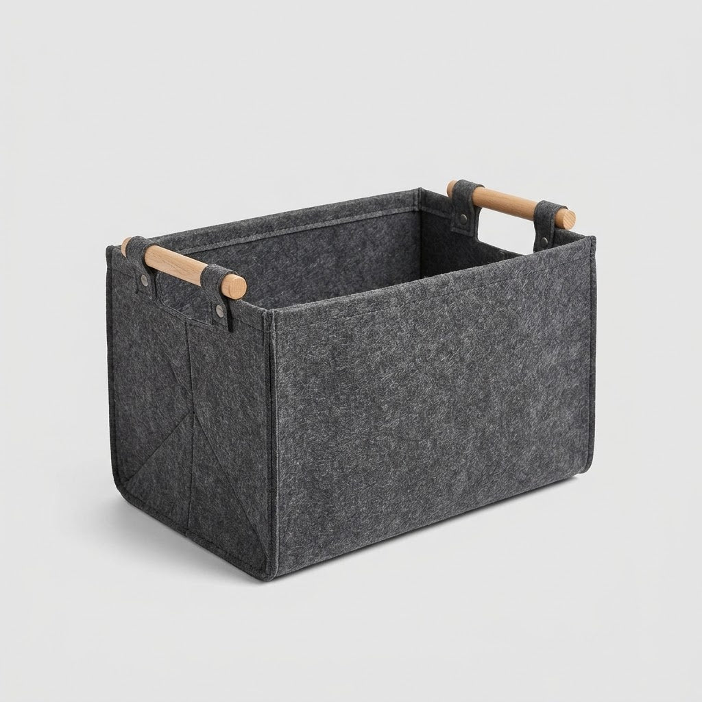 Foldable Large Felt Firewood Storage Basket with Wooden Handles