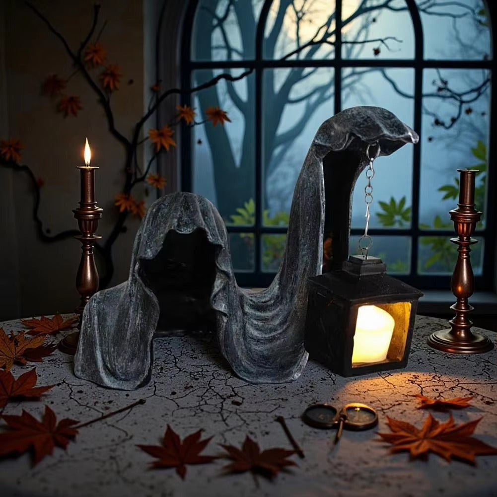 Ghost Figure with Lantern - Glowing Halloween Decoration Gray