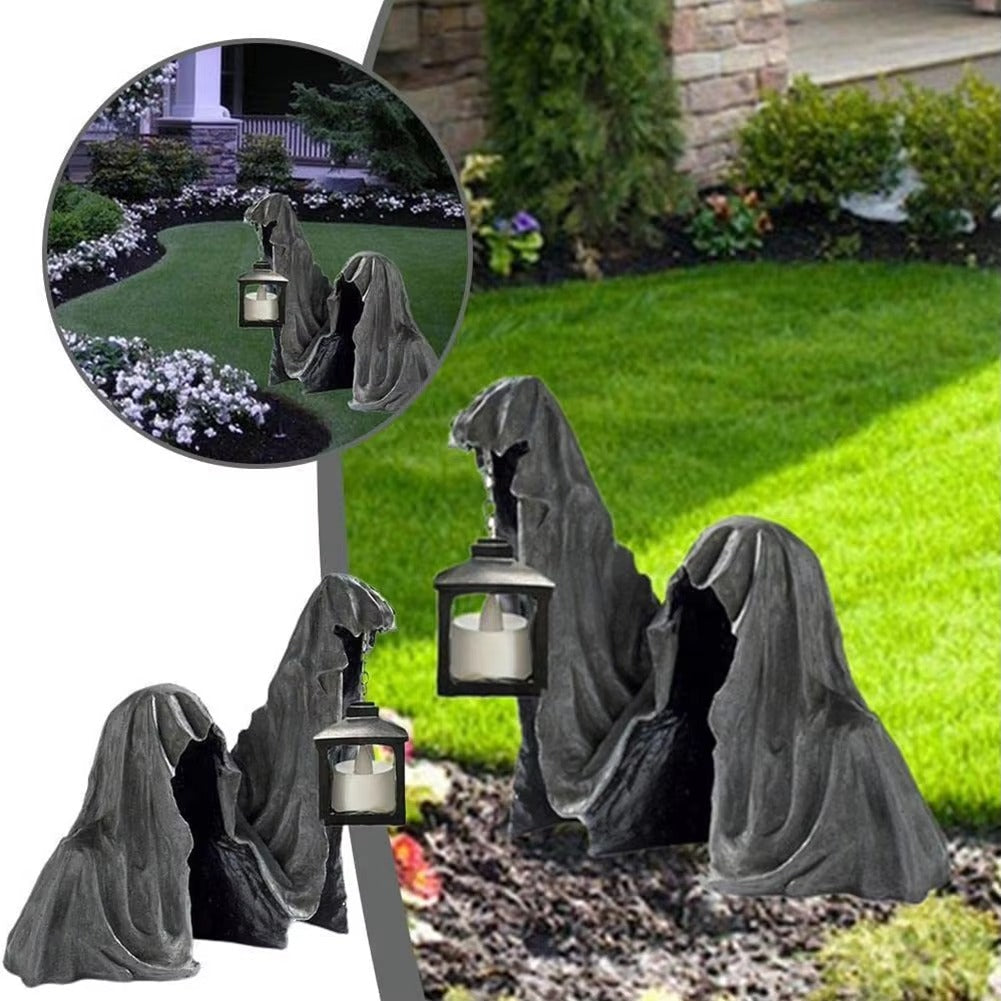 Ghost Figure with Lantern - Glowing Halloween Decoration Gray