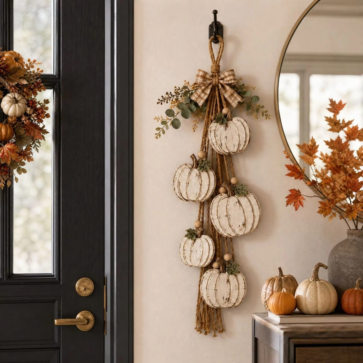Wooden Pumpkin Door Hanger - 5-Piece Set with Plaid Bow