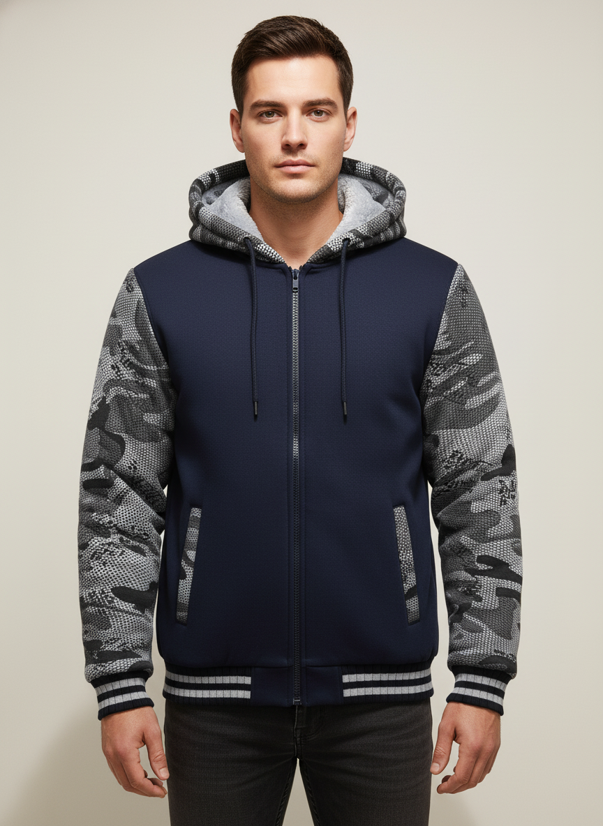 Men's Warm Fleece Hooded Colorblock Jacket