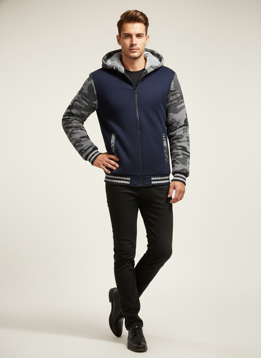 Men's Warm Fleece Hooded Colorblock Jacket