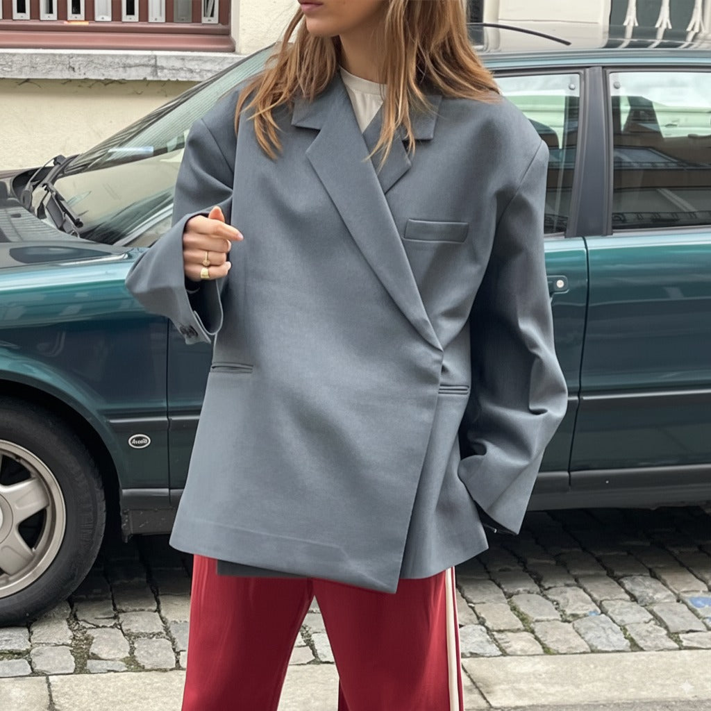 Women's Oversized Blazer - Diagonal Wrap with Lapel Collar