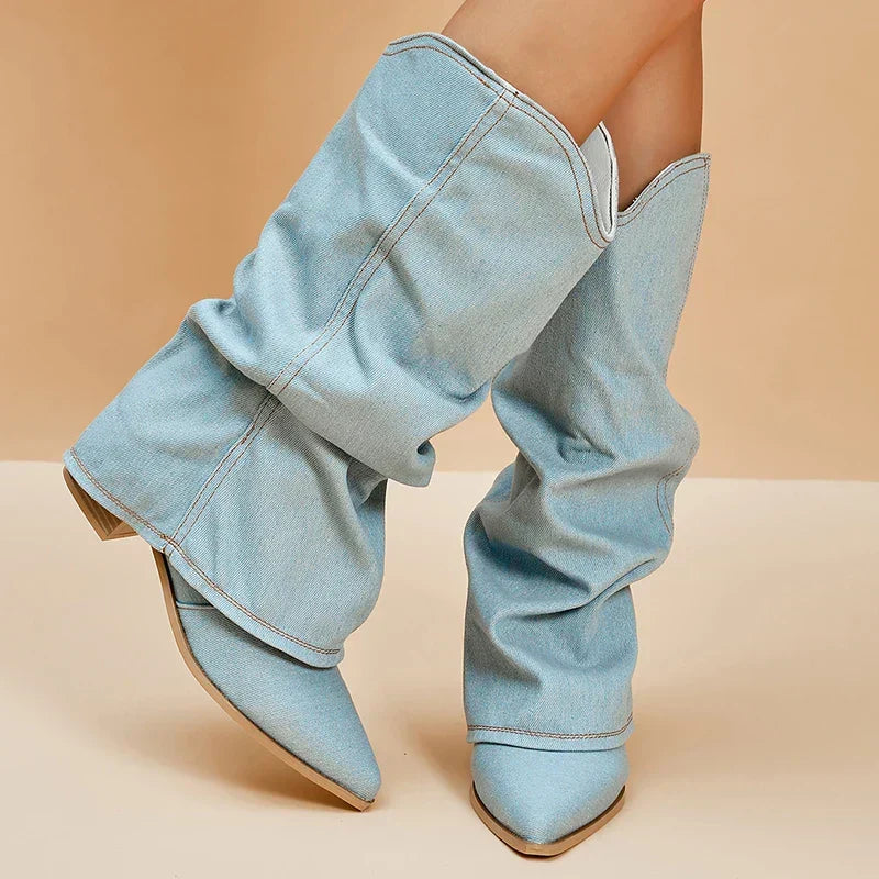 Pippa Denim Knee-High Boots with Edgy Details - Denim Blue