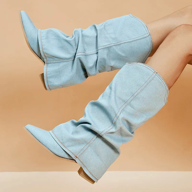 Pippa Denim Knee-High Boots with Edgy Details