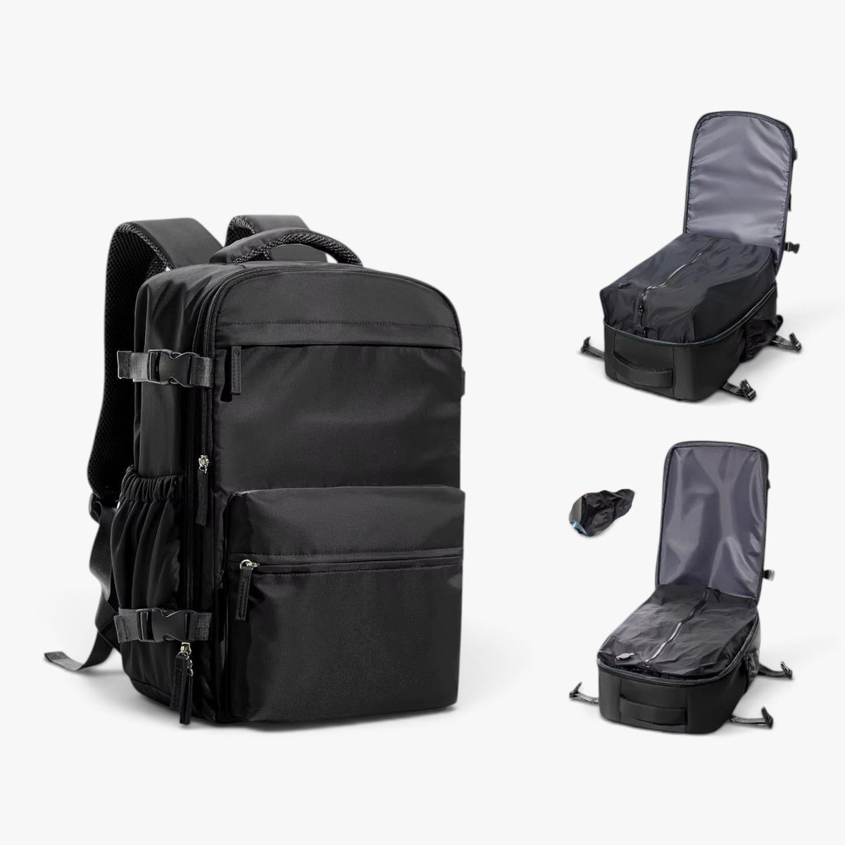 Roselva black waterproof travel backpack with vacuum compression chamber, laptop sleeve, and portable electric pump.