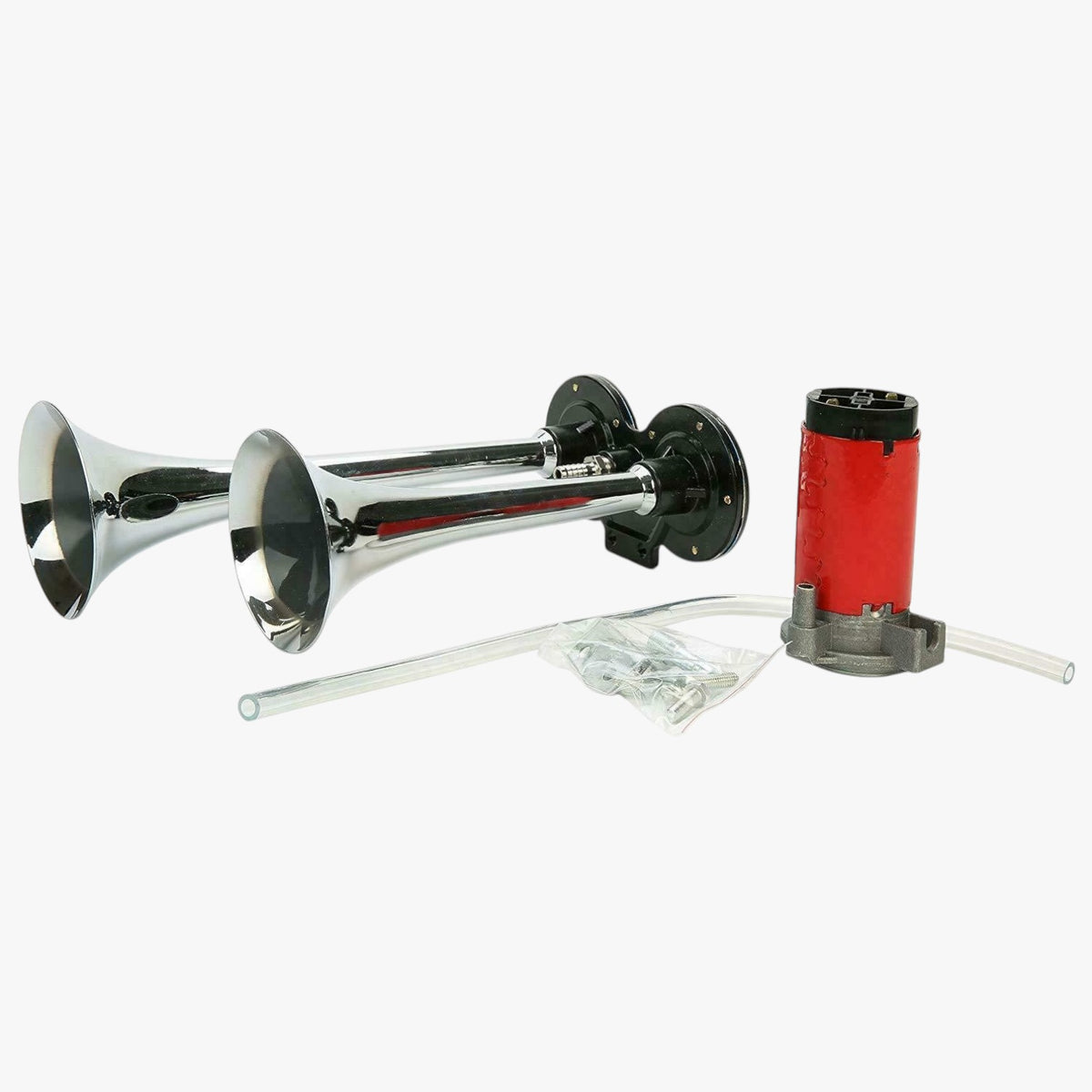 Roselva 150dB dual trumpet air horn kit with chrome finish and red compressor for 12V vehicles