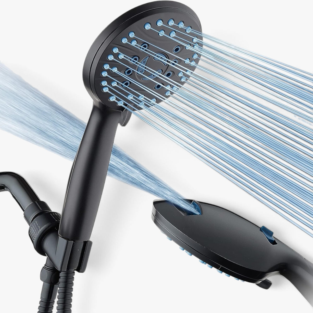 Roselva handheld shower head with matte black finish, featuring multiple spray settings and a high-pressure hose.