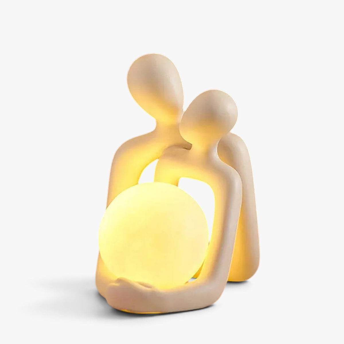 Roselva Nordic couple figurine in cream resin holding a glowing warm light sphere, symbolizing love and unity.