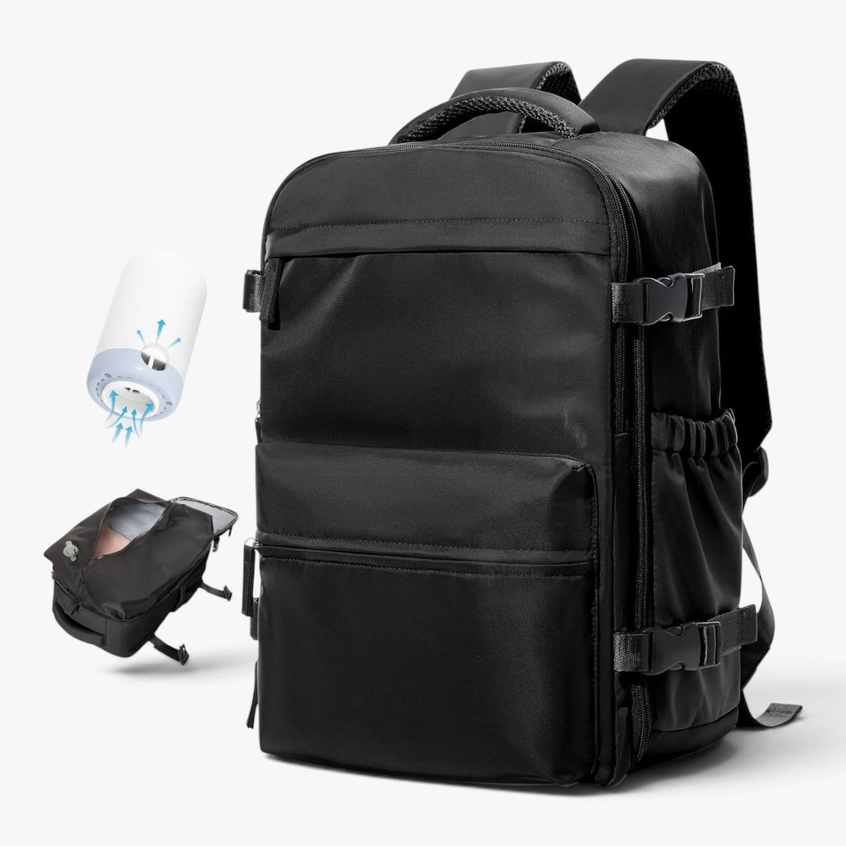 Roselva black travel backpack with vacuum compression system and portable electric pump for organized packing