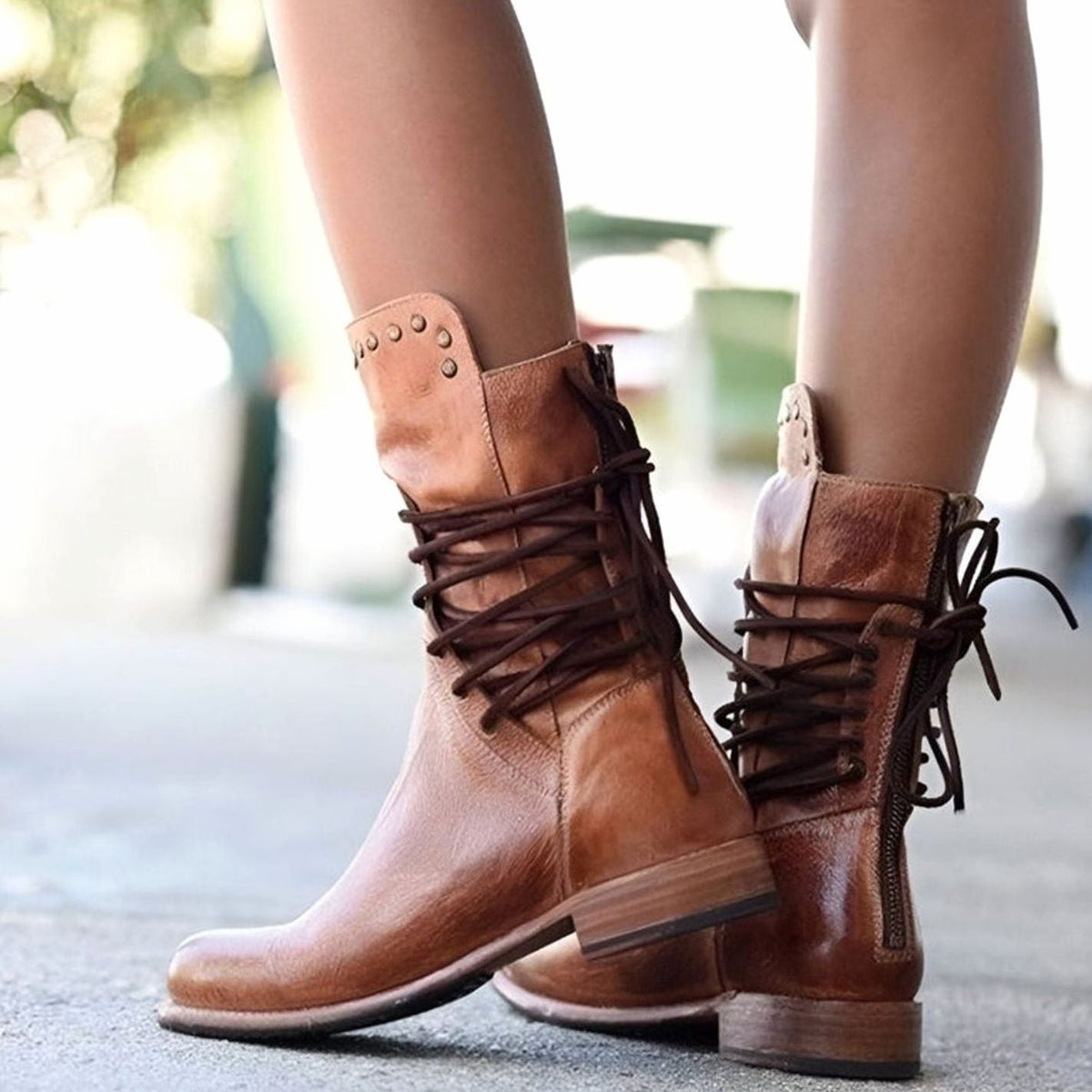 Women's Lace-Up Boots with Block Heel and Western Details