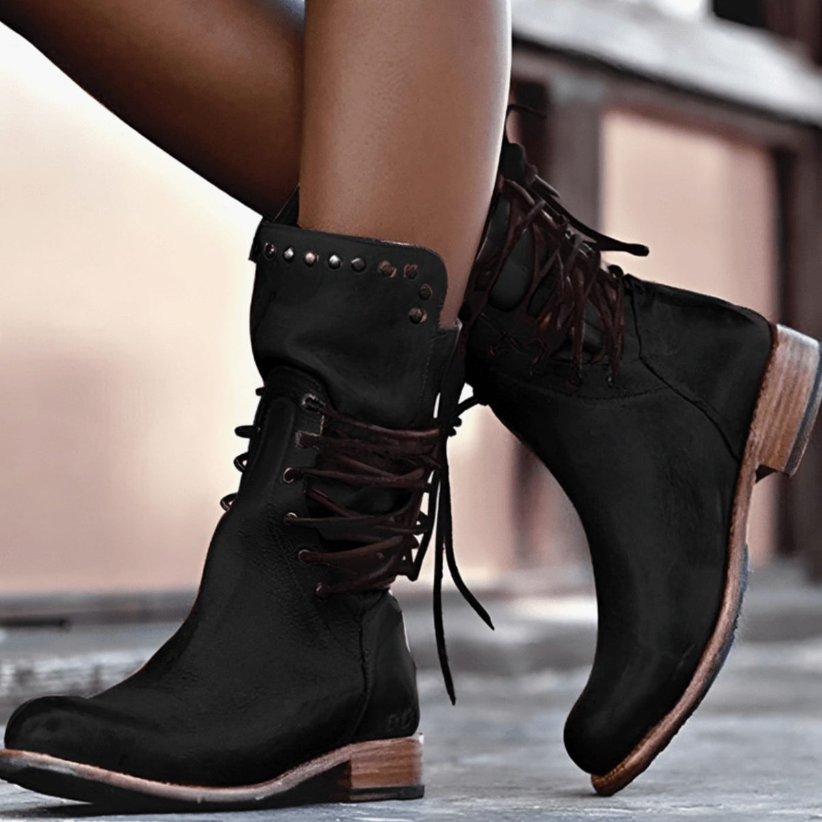 Women's Lace-Up Boots with Block Heel and Western Details