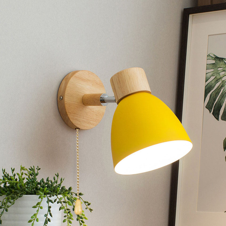 Modern Wall Sconce with Angled Arm, Wood, Conical Shade