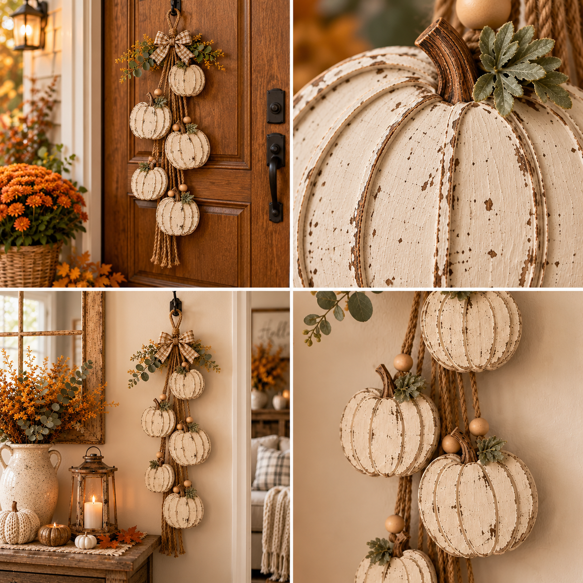 Wooden Pumpkin Door Hanger - 5-Piece Set with Plaid Bow