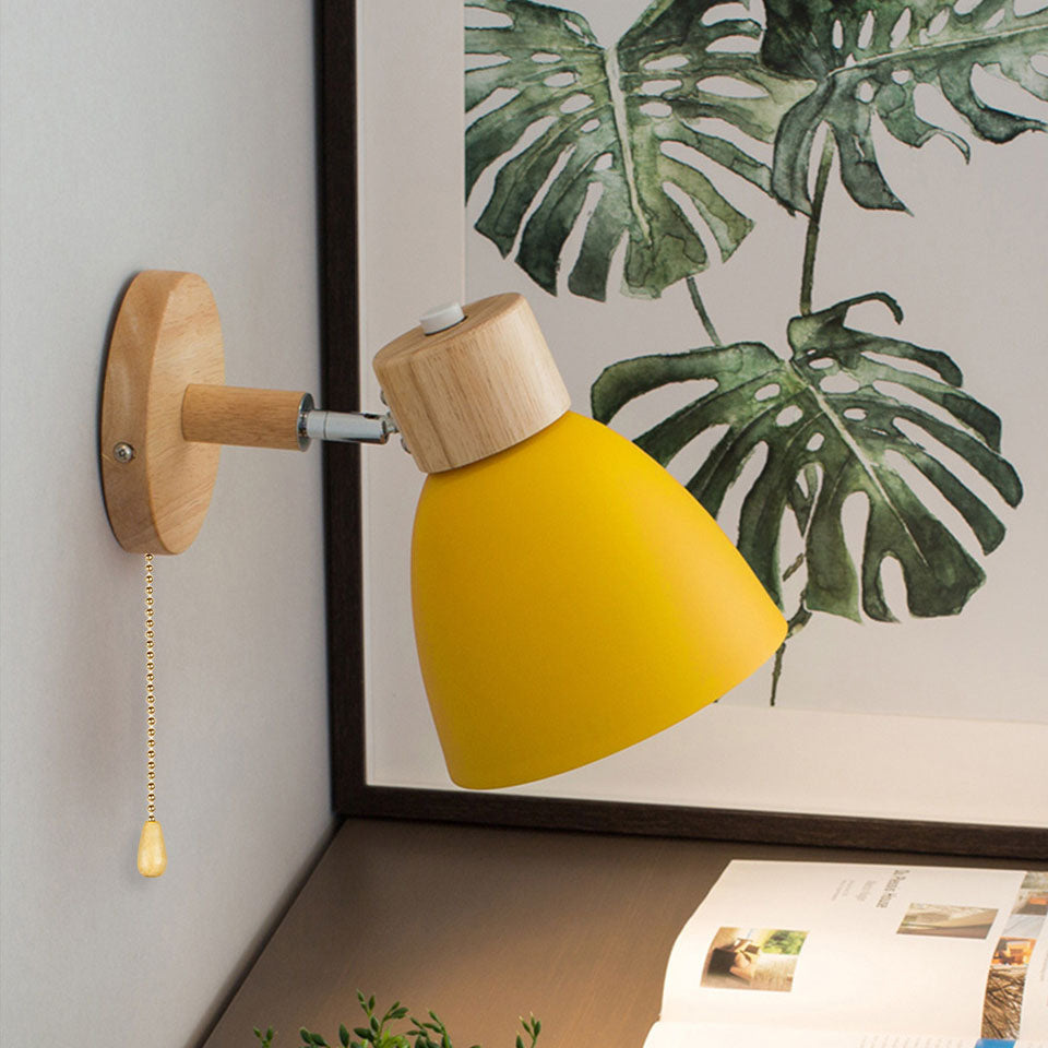 Modern Wall Sconce with Angled Arm, Wood, Conical Shade