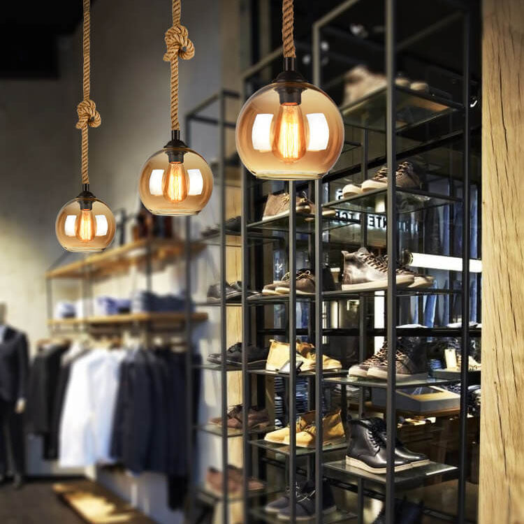 Glass Globe Pendant Lamp with Hemp Rope - Vintage Lighting Design