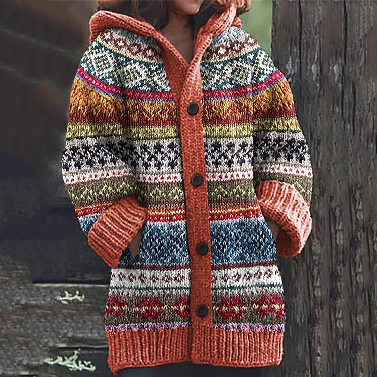Women's Hooded Knit Cardigan with Fair Isle Pattern