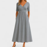Women's Short-Sleeve V-Neck Midi Dress – Elegant Occasion Wear
