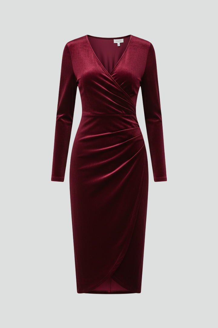 Women's Midi Dress with V-Neck and Long Sleeves 2