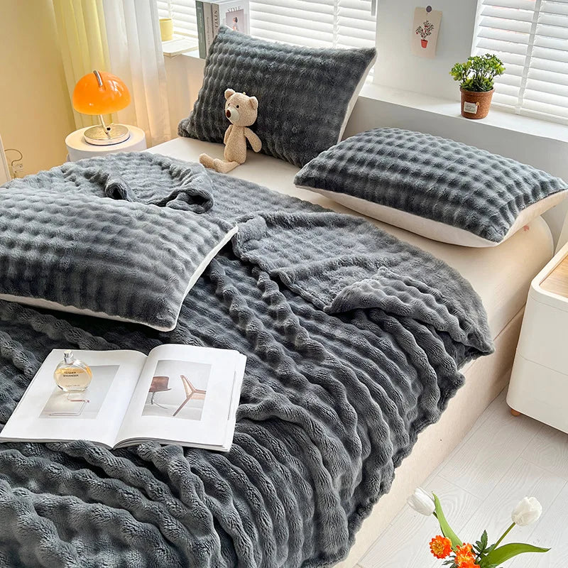 Textured Coral Fleece Throw Blanket for Sofa and Bed