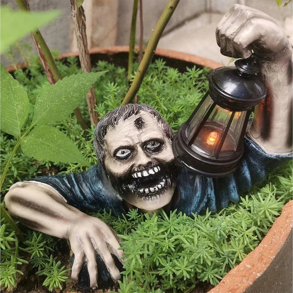 Zombie Garden Figure with Lantern - Resin Halloween Decor