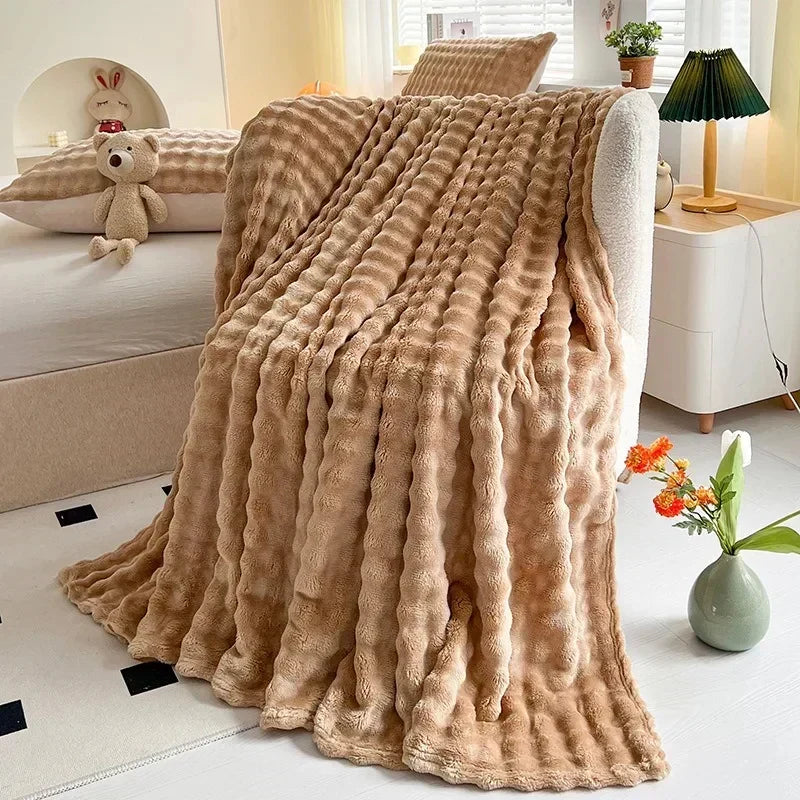 Textured Coral Fleece Throw Blanket for Sofa and Bed