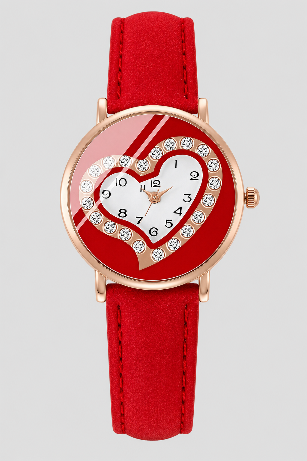 Romantic Crystal Heart Women's Leather Strap Watch