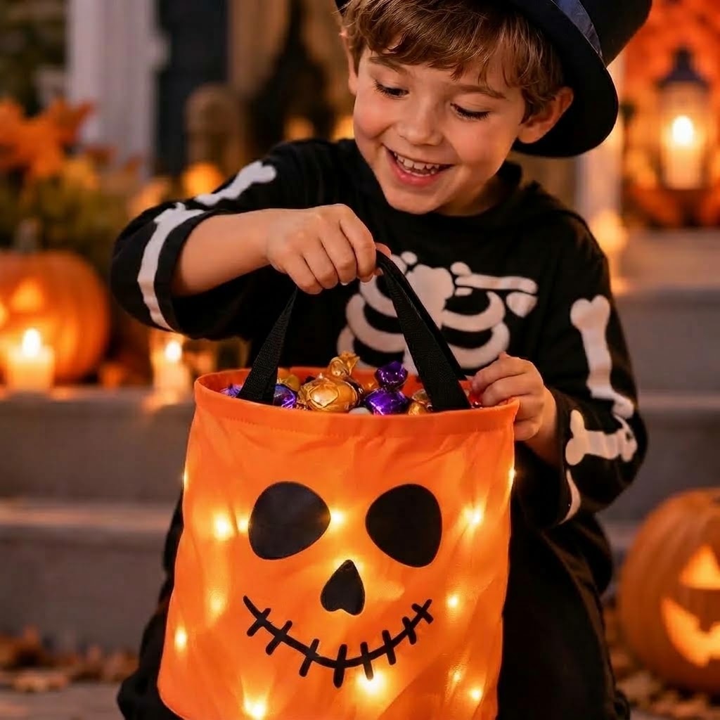 LED Pumpkin Candy Basket with Handle for Halloween
