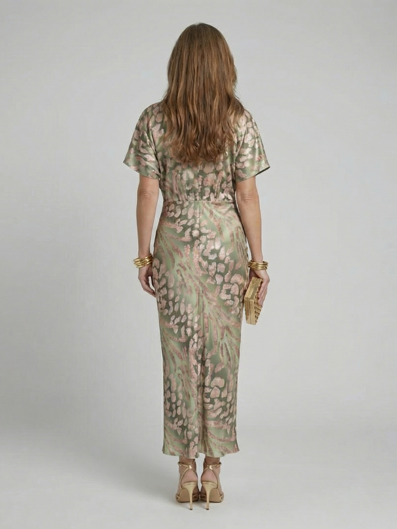 Abstrakt print V-hals snoet talje midikjole - - - {{ product_tags }