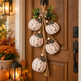 Wooden Pumpkin Door Hanger - 5-Piece Set with Plaid Bow