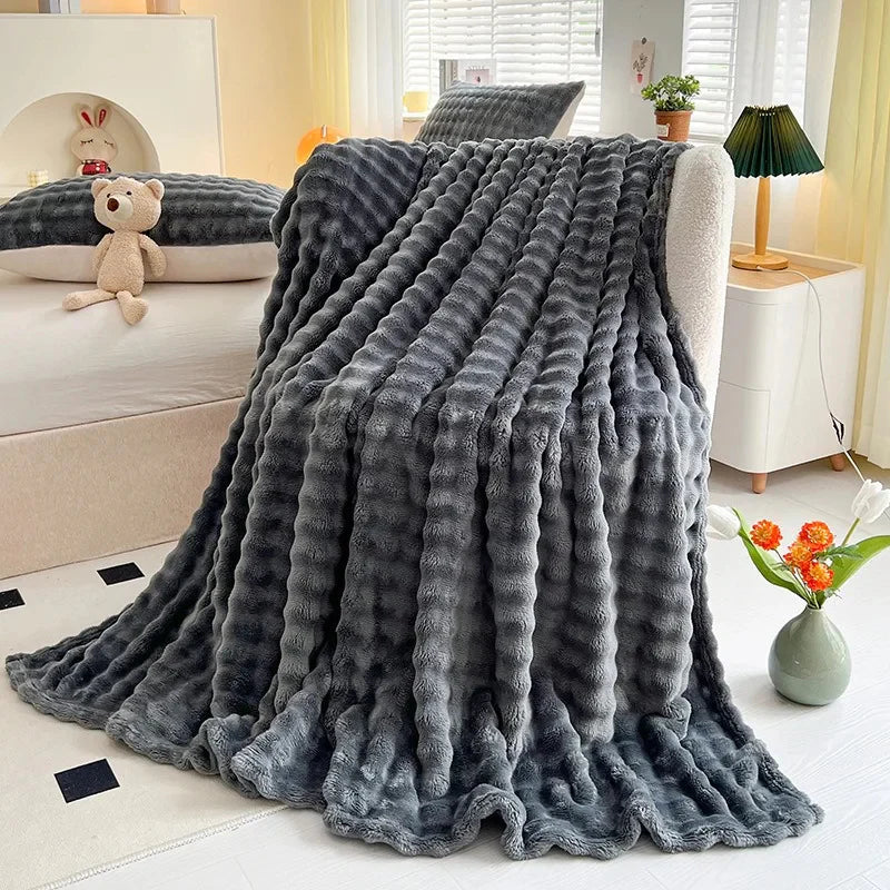 Textured Coral Fleece Throw Blanket for Sofa and Bed