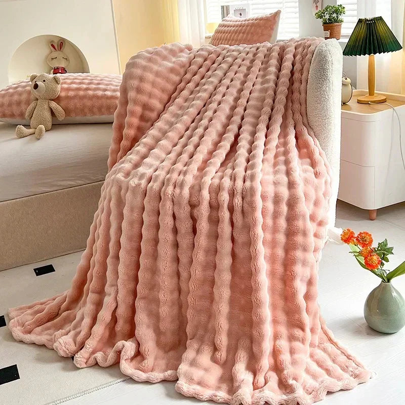 Textured Coral Fleece Throw Blanket for Sofa and Bed