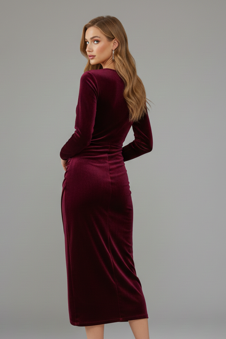 Women's Midi Dress with V-Neck and Long Sleeves 2