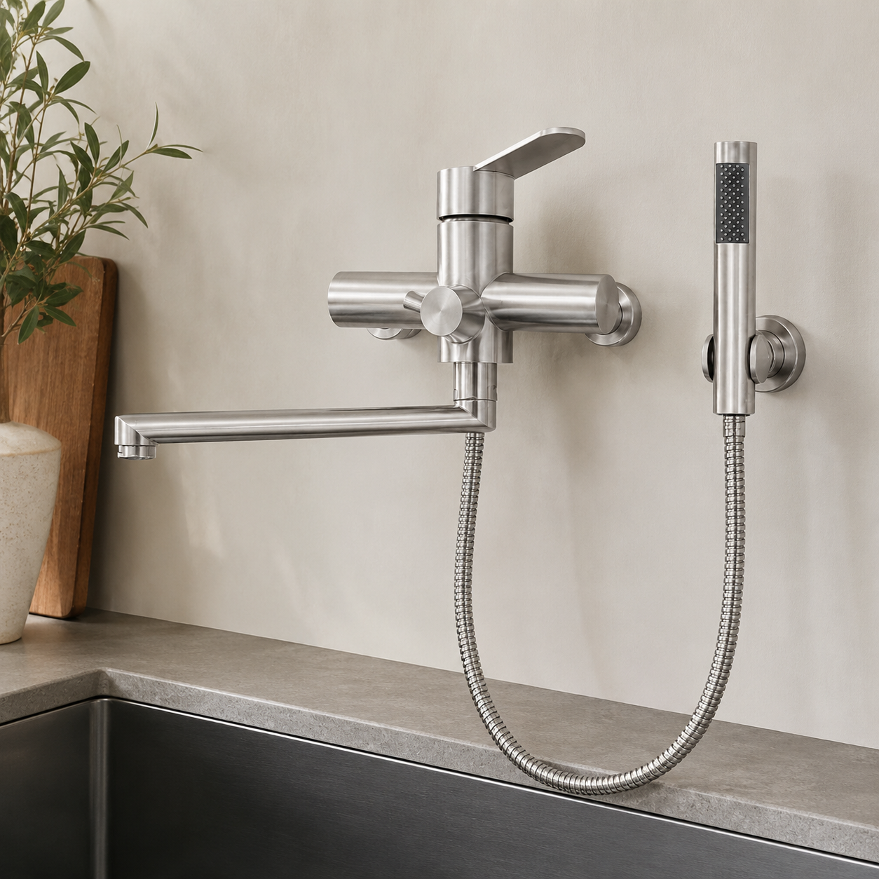 Wall-Mounted Kitchen Faucet with Hand Shower