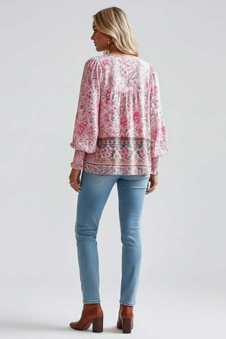 Women's Floral Pattern Blouse with Long Sleeves in Pink - View 5.0 | Roselva