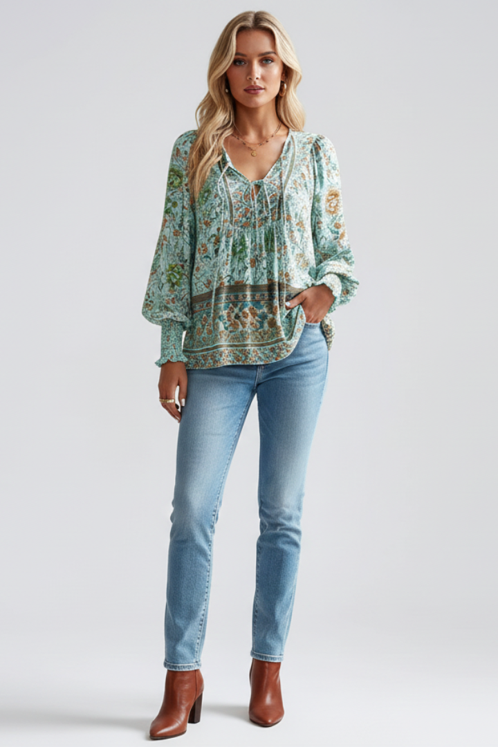 Women's Floral Pattern Blouse with Long Sleeves in Pink - View 7.0 | Roselva
