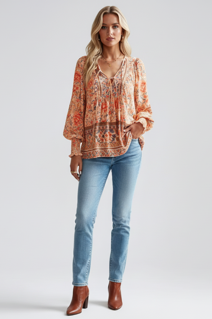 Women's Floral Pattern Blouse with Long Sleeves in Pink - View 6.0 | Roselva