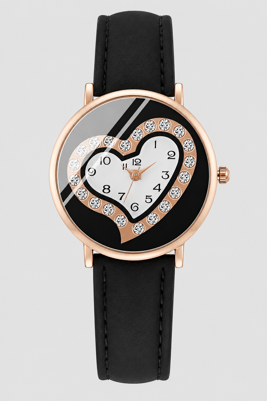 Romantic Crystal Heart Women's Leather Strap Watch