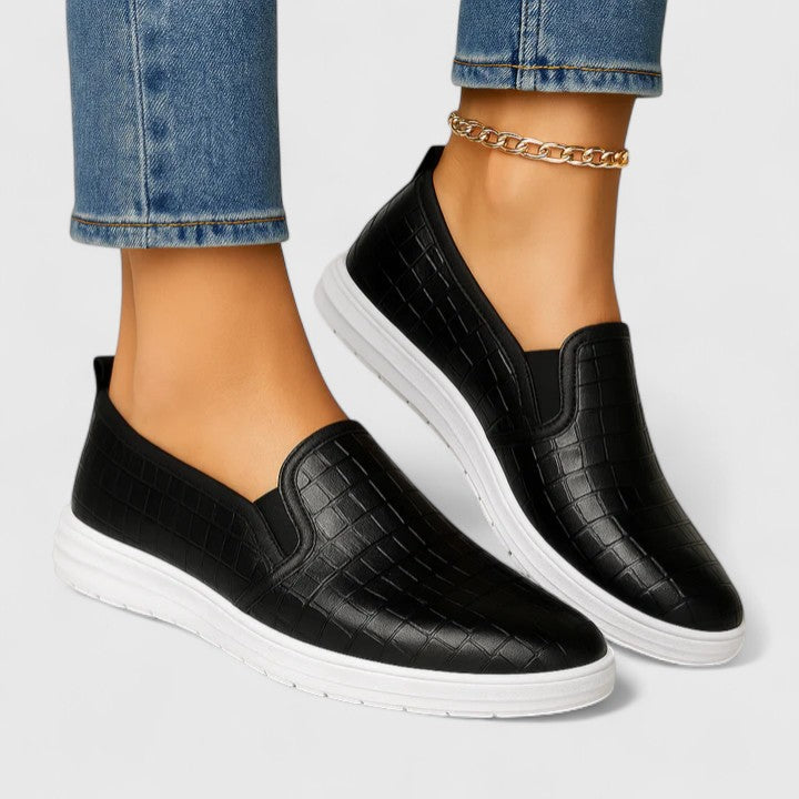 Women’s Black Croc-Embossed Slip-On Loafers