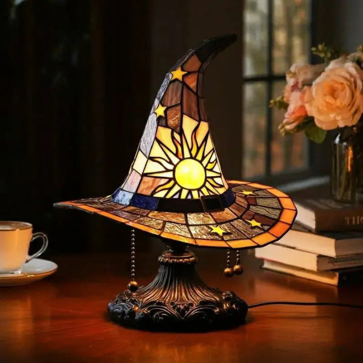Witch Hat Stained Glass Lamp - Handcrafted Warm Light