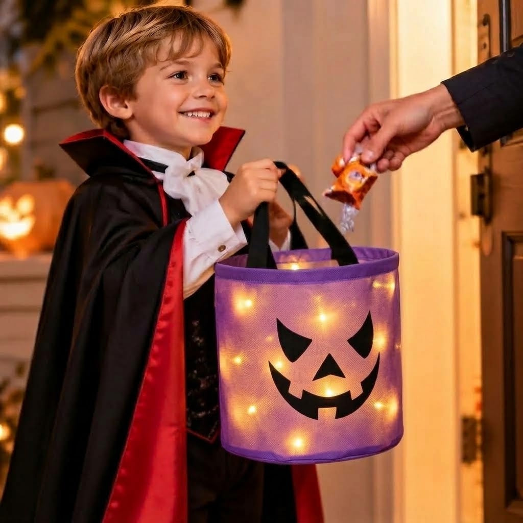 LED Pumpkin Candy Basket with Handle for Halloween