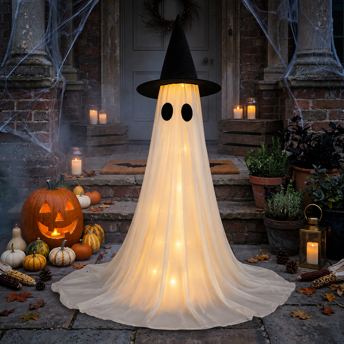 Glowing Ghost with Witch Hat - LED Halloween Decoration