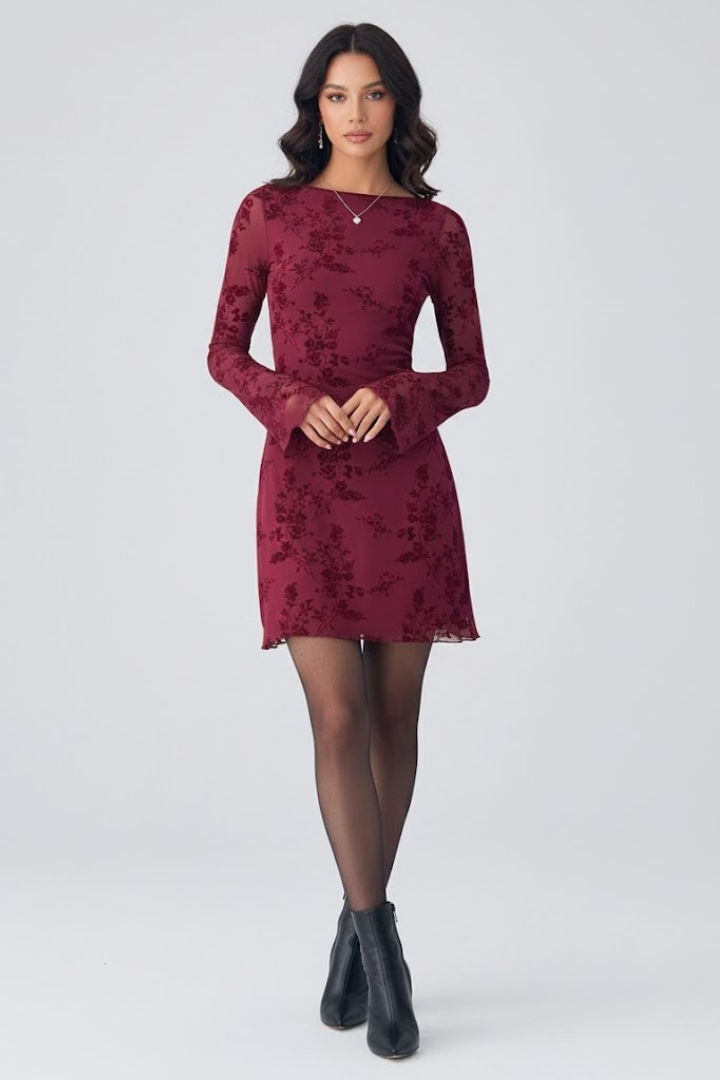 Women's Mini Dress with Floral Detail in Burgundy - View 2.0 | Roselva