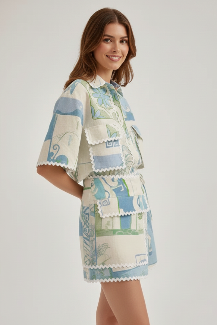 Women's Two-Piece Set with Patchwork Top and Adjustable Shorts in White - View 3.0 | Roselva