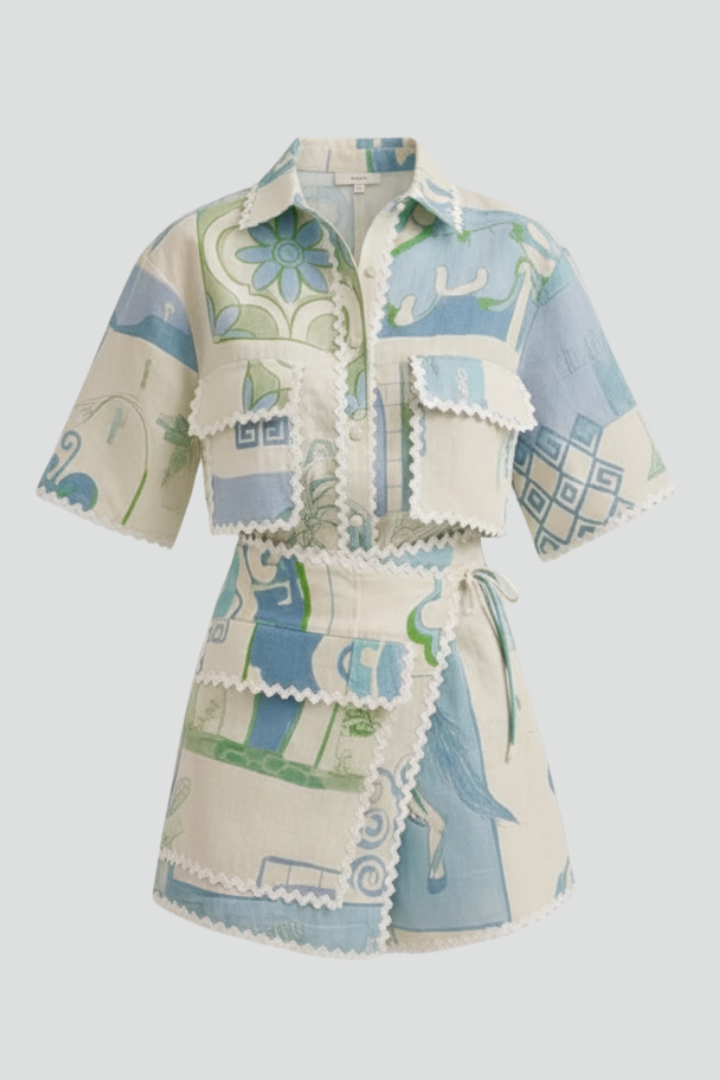 Women's Two-Piece Set with Patchwork Top and Adjustable Shorts in White | Roselva