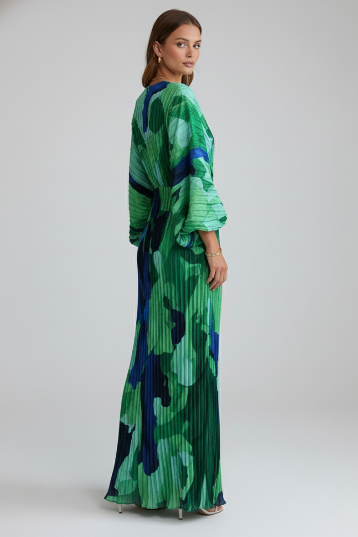 Women's Dress with V-Neck and Pleated Hem in Green - View 5.0 | Roselva